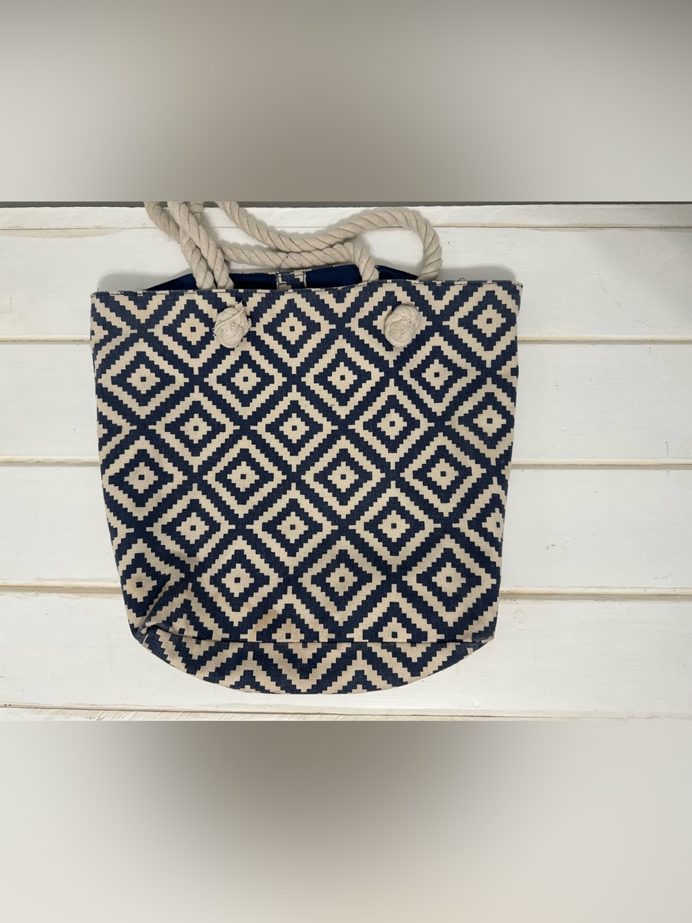 summer & rose Navy and Cream Diamond Pattern Rope-Handle Tote